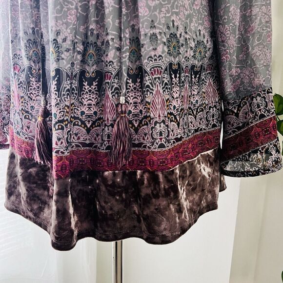 Knox Rose Gray & Red Billowy Chiffon Boho Blouse w/ Velvety Trim XS Cottagecore - Picture 4 of 8